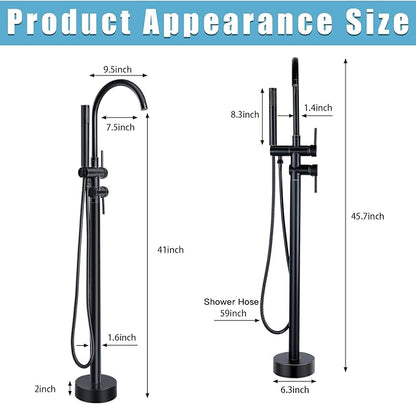 Floor Mount Bathtub Faucet，Matte Black，Freestanding Tub Faucet ，High Flow Dual Function 360 Degree Rotating Tube and Handheld Water Outlet