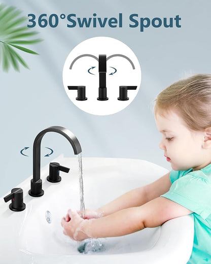 Aolemi Bathroom Faucets 3 Hole,8 Inch Widespread Waterfall Bathroom Sink Faucet,2 Handles Vanity Faucet with Pop-up Drain and Supply Hose,Matte Black