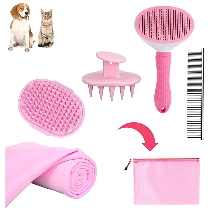Dog Bath Brush Bathing Kit 5PCS - Pet Washing Brush, Dog Brush for Shorted Haired Dogs, Dog Scrubber for Bath, Scalp Scrubber Hair Bath Brush Set Pink