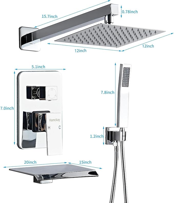 12inch Polished Chrome Shower System with Tub Spout, Shower Faucet Set with Rain Shower Head and Handheld 3-Setting, Waterfall Bathtub Spout Rainfall Shower Combo Set for Bathroom Wall Mounted