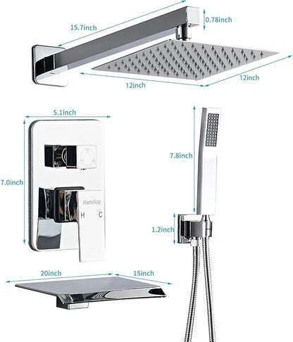 12inch Polished Chrome Shower System with Tub Spout, Shower Faucet Set with Rain Shower Head and Handheld 3-Setting, Waterfall Bathtub Spout Rainfall Shower Combo Set for Bathroom Wall Mounted