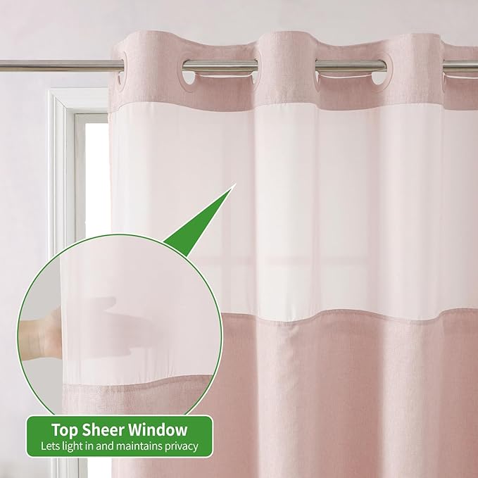No Hooks Needed Linen Textured Shower Curtain with Snap-in Fabric Liner Set,Blush Hotel Luxury Decor Shower Curtains for Bathroom with Mesh Top Window,Waterproof & Washable,71Wx74H