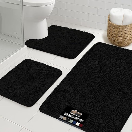 GORILLA GRIP Bathroom Rug Sets 3 Piece, Bath Mat Set and Oval Toilet Base with Rubber Backing, Plush Absorbent Shaggy Chenille Washable Mats, Includes 24x19.5, 24x17 and 36x24 Inch Rugs, Black