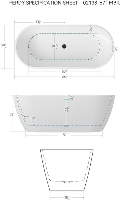 FerdY 67" Bali Elite Acrylic Freestanding Bathtub, Gracefully Shaped Freestanding Soaking Bathtub, cUPC Certified, Toe-Tap Matte Black Drain and Minimalist Linear Design Overflow Included