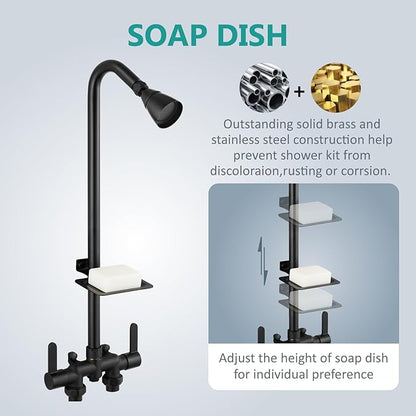 Aolemi Outdoor Shower Fixtures,Outdoor Shower Kit Faucet System 3 Inch Center with Showerhead 2 Handle Exposed Shower with Brass Mix Valve Pipe Downward with Soap Dish Matte Black