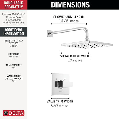 Delta Modern 14 Series Square Rain Shower Faucet Set, Chrome Shower Head and Handle Set, Valve Trim Kit, Chrome T14268-PP (Valve Not Included)