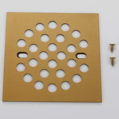 RRAJJ Square Improve 4-1/4 Inch(108mm*108mm) Screw-in Shower Floor Drain Grate Strainer (Brushed Gold)