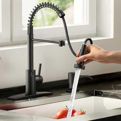 Touch-Less Kitchen Faucet, 3 Modes Pull Down Sprayer, LED Temperature Control,Motion Sensor Activated,Ceramic Valve,360-Degree Rotation,1 or 3 Hole Deck Plate. 10-Year Warranty. (KW-79RR, Black)