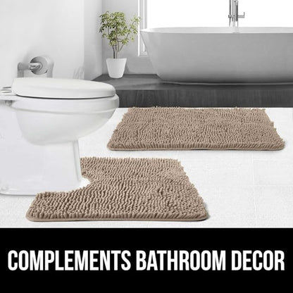 GORILLA GRIP Plush Absorbent Shaggy Chenille Bath Rug Mat for Oval Toilet Base with Rubber Backing, Machine Washable Rugs, Soft Microfiber Contour Mats for Toilets, Bathroom Decor, Gray Beige