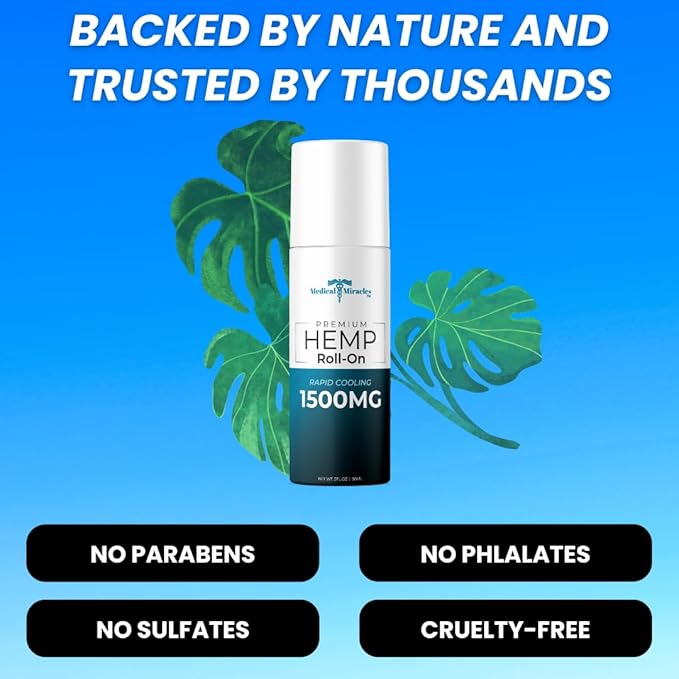 Medical Miracles New Hemp Oil Roll On - Ideal for Muscles, HIPS, Joints, Neck, Back, Elbows, Fingers, Hands, and Knees Made in USA (1500mg Roll-On)
