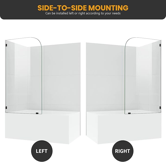 Bathtub Shower Glass Door 34 * 58 Inch, Bathroom Frameless Fixed Shower Door with 3PCS Clamps, 1/4"(6MM) Thick Clear Tempered Glass Door with Round Corner, Matte Black