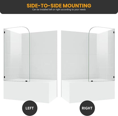 Bathtub Shower Glass Door 34 * 58 Inch, Bathroom Frameless Fixed Shower Door with 3PCS Clamps, 1/4"(6MM) Thick Clear Tempered Glass Door with Round Corner, Matte Black
