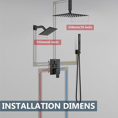 Aolemi Shower Faucet Set Ceiling Mount Shower System Rough-in Valve and Shower Trim Kit 10 and 6 Inch Dual Shower Head 2 in 1 Handheld Spray Push Button Diverter Matte Black