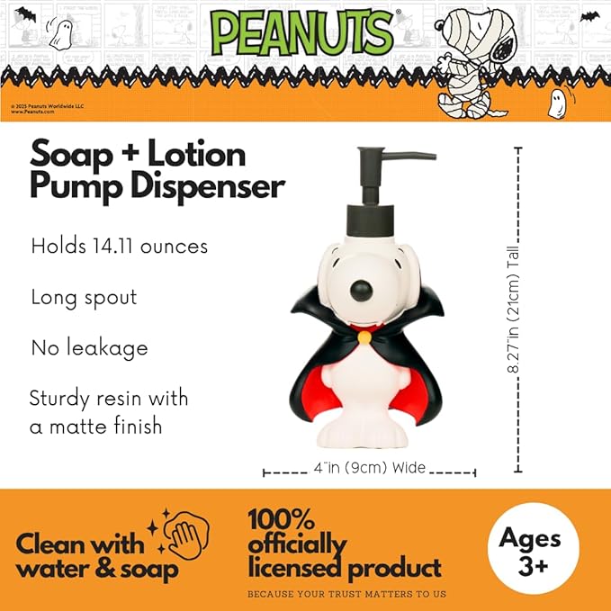 Peanuts Snoopy Vampire Soap/Lotion/Hand Sanitizer Resin Pump Dispenser, 14.81 Ounces, (Officially Licensed Product) by Franco Collectibles