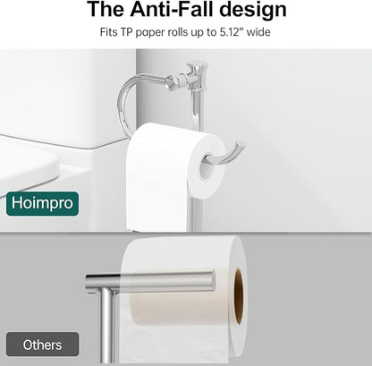 Hoimpro 25" Toilet Paper Holder Free Standing, Floor Bathroom Toilet Paper Tissue Roll Holder with Shelf Storage Stand for 4 Rolls, Freestanding Handle Hardware Accessories Rack Polished Chrome