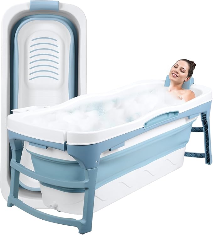 56" Portable Bathtub for Adult, No Installation, Foldable Tub for Shower, Folding Collapsible Bathtub Soaking Tub for Bathroom, Ergonomically Designed for The Ultimate Relaxing Soaking Bath Blue