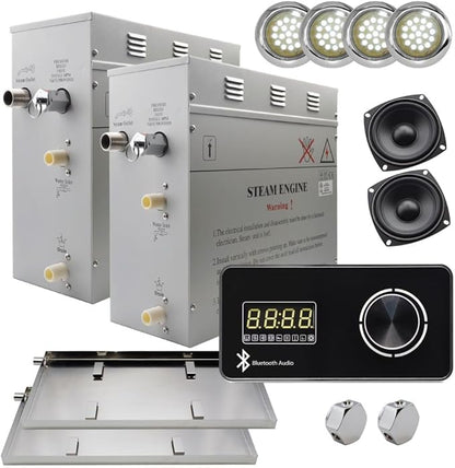 Superior Encore Plus 18kW Steam Shower Generator Kit with Horizontal Black Keypad, Drip Pans & White Lights | Bluetooth Audio|Self-Draining Steam Bath Generator|One-click Connection Cord|