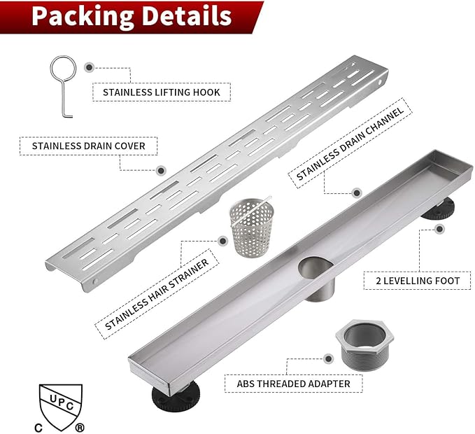 Sharp-tec Linear Shower Drain, 32 inch Shower Drain with Removable Pattern Cover, Brushed Nickel 304 Stainless Steel Rectangle Floor Drain, Adjustable Feet and Hair Strainer Included (Model 101)