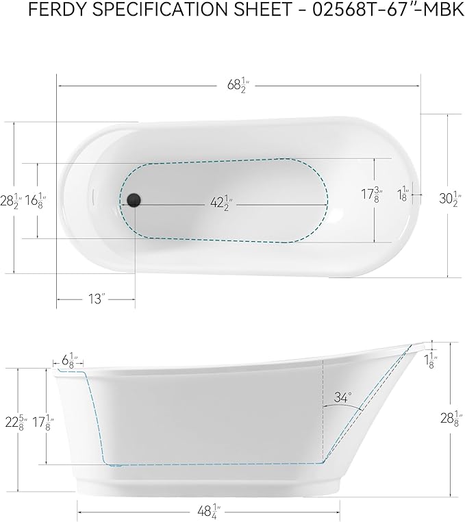 FerdY Langkawi 67" Acrylic Freestanding Bathtub, White Modern Stand Alone Soaking Bathtub, cUPC Certified, Matte Black Drain and Minimalist Linear Design Overflow Included, Easy to Install, 02568T