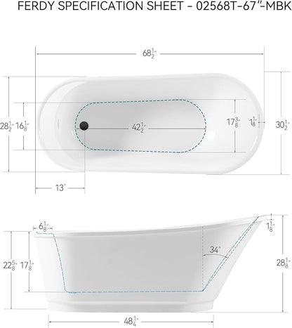 FerdY Langkawi 67" Acrylic Freestanding Bathtub, White Modern Stand Alone Soaking Bathtub, cUPC Certified, Matte Black Drain and Minimalist Linear Design Overflow Included, Easy to Install, 02568T