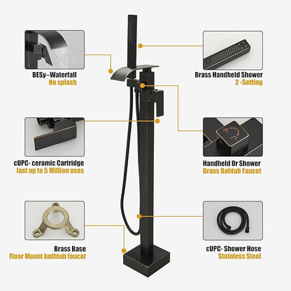 BESy Freestanding Tub Faucet Oil Rubbed Bronze Floor Mounted Tub Filler Faucet Brass Bathroom Tub Faucets with 2 Function Hand Shower