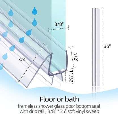 POZIA Shower Door Bottom Seal Frameless Glass Shower Door Seal Strip Clear Vinyl Durable Stop Shower Leaks and Create a Water Barrier Ultra Clear (2PACK-3/8in)