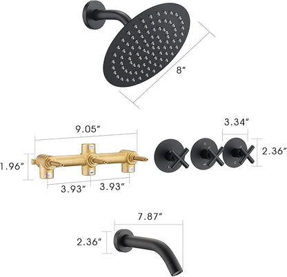 PROOX 3 Handle Tub Shower Faucet Set, 8" Rainfall Shower Head with Tub and Shower Trim Kit with Rough-in Valve, Matte Black Bathtub Shower Faucets, Wall Mounted Bathroom Rain Shower System