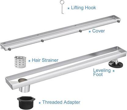 Offset Linear Shower Drain, Shower Drain 60 inch with 2-in-1 Tile Insert Cover, Brushed AISI 304 Stainless Steel Side Outlet Shower Floor Drain with Hair Catcher and Adjustable Feet