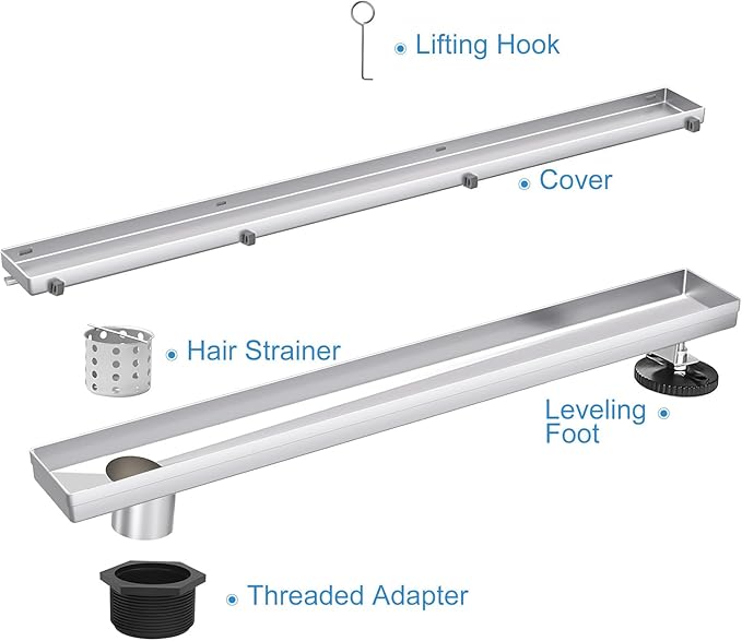 Offset Linear Shower Drain, Shower Drain 36 inch with 2-in-1 Tile Insert Cover, Brushed AISI 304 Stainless Steel Side Outlet Shower Floor Drain with Hair Catcher and Adjustable Feet