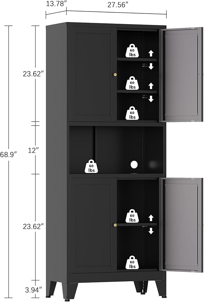 Metal Storage Cabinet, 69" Tall Bathroom Cabinets with 4 Doors & 3 Adjustable Shelves Large Cupboard, Black Metal Pantry Cabinets for Kitchen, Home Office, Garage, Warehouse