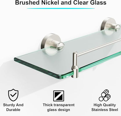 Glass Bathroom Shelves,Brushed Nickel Floating Shelves for Wall Rectangular Modern Stainless Steel Glass Shelf for Bathroom Shelves Wall Mounted 16 Inch