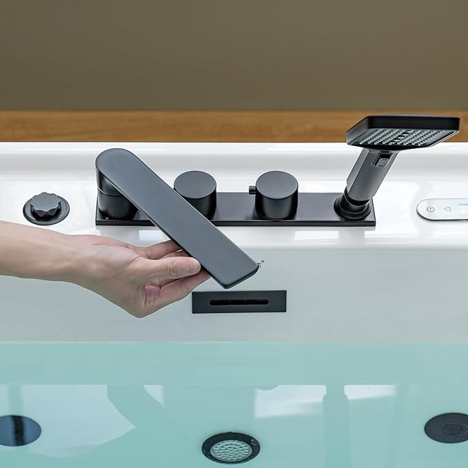 WOODBRIDGE 72" x 35-3/8" Whirlpool and Air Bath Heated Soaking Combination Tub with Adjustable Speed Air Blower, Tub Filler, and LED control panel, Matte Black Finish Trim and Drain Kit, BM500+F0051MB