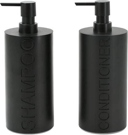 2-Pack Matte Black Resin Refillable Shampoo & Conditioner Bottles – Modern Bathroom Pump Dispenser Set, Durable Resin Shower Containers with Embossed Labels, Reusable Pump Bottle