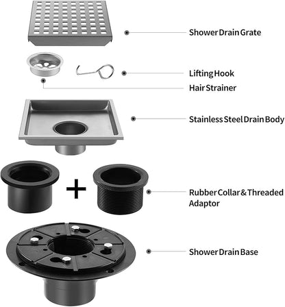 Shower Drain, Chrome 6 inch Square Shower Floor Drain with Flange, Silver Removeable Grid Panel SUS 304 Stainless Steel Square Shower Drain