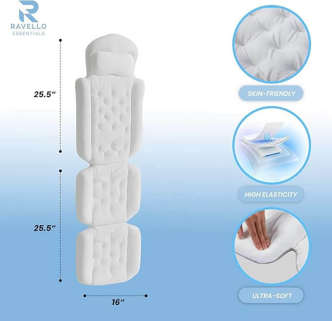 Bath Pillow for Tub | 4D Air Mesh Fabric - Plush Bathtub Pillow for Neck & Back Support, Hot Tub Pillow with 6 Non-Slip Suction Cups | Spa Pillow for Relaxation and Comfort (White). (Full Body White)