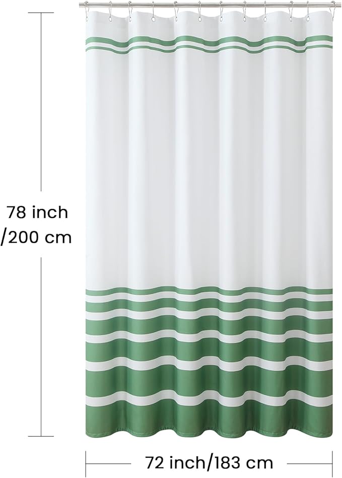 Green and White Striped Shower Curtain 72x78 Inches, Waterproof Fabric with Modern Gradient Lines, 12 Rustproof Grommets & Weighted Hem