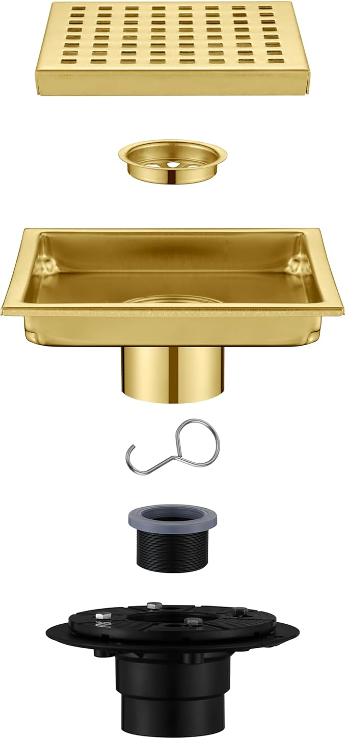 4 Inch Square Shower Floor Drain, Brushed Nickel High Flow Shower Drain Kit with Flange with Hair Filter, Removable Grate Cover, Stainless Steel, Abs Fixing Tray, CUPC Certified (Brushed Gold)