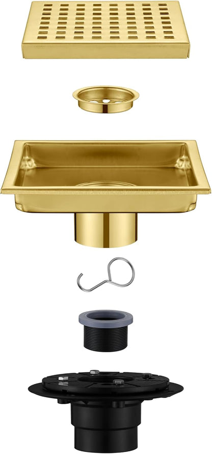 4 Inch Square Shower Floor Drain, Brushed Nickel High Flow Shower Drain Kit with Flange with Hair Filter, Removable Grate Cover, Stainless Steel, Abs Fixing Tray, CUPC Certified (Brushed Gold)