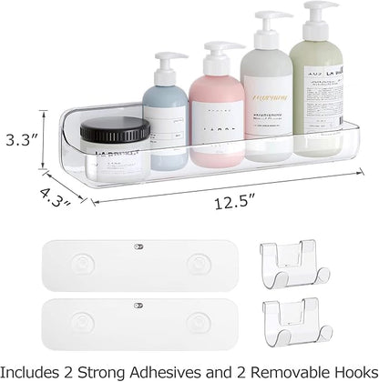 UDD Acrylic Clear Shower Caddy Shower Organizer, Plastic Adhesive Shelf with Hook and Self Adhesive Tape, No Drilling Wall Mount Shower Shelves for Bathroom Kitchen, Transparent
