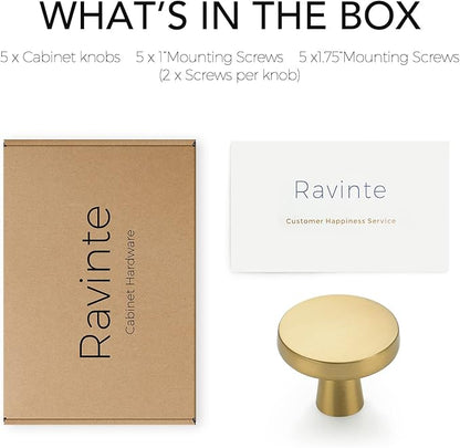 Ravinte 5 Pack Drawer Pulls 1-1/4 Inch Brushed Brass Kitchen Cabinet Knobs Solid Round Gold Dresser Handles for Simple Cupboard Hardware