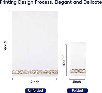 200 Disposable Hand Towels Soft and Absorbent Linen Feel Dinner Napkin Durable Decorative Bathroom Hand Napkins Good for Kitchen, Thanksgiving, Parties, Weddings, Dinners or Events White and Gold