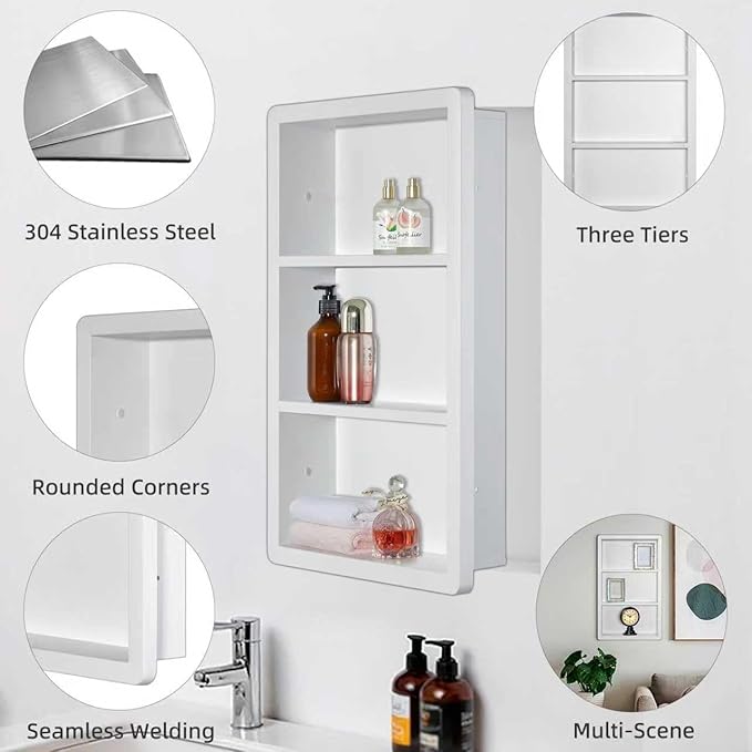 Recessed Medicine Cabinet No Mirror - 14x24 Bathroom Storage Wall Cabinet with 2 Shelves, 304 Stainless Steel Shower Niche, Matte White Waterproof for Bathroom, Toilet, Vanity