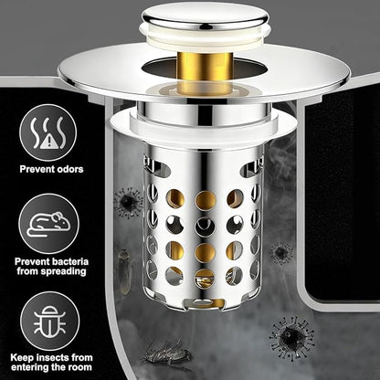 Beruth Bathroom Sink Stopper Hair Catcher, 304 Stainless Steel Pop Up Drain Strainer for 1.1''~2.36'' Basin, Upgraded Silent & Odor-Proof Design, Removable Filter Basket & Easy Install（All Metal）