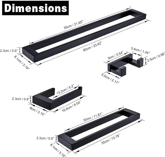 Lairuier Bathroom Hardware Accessories Set Matte Black 4-Piece Towel Bar Set 304 Stainless Steel Wall Mounted Bath Towel Rack Set, 24 Inch