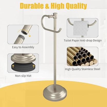 BESy Toilet Paper Holder Stand SUS 304 Free Standing Bathroom Tissue Holder with Storage Hardware Accessories Rack Hand Towel Bar Rustproof Lavatory Tissue Roll Holder Floor Modern Brushed Nickel