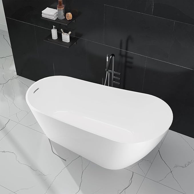 59" Free Standing Tub, Acrylic Freestanding Bathtub, Modern Soaking Tub with Integrated Overflow and Drain, White Bathroom Fixture, Stand Alone Bathtub, CUPC Certified