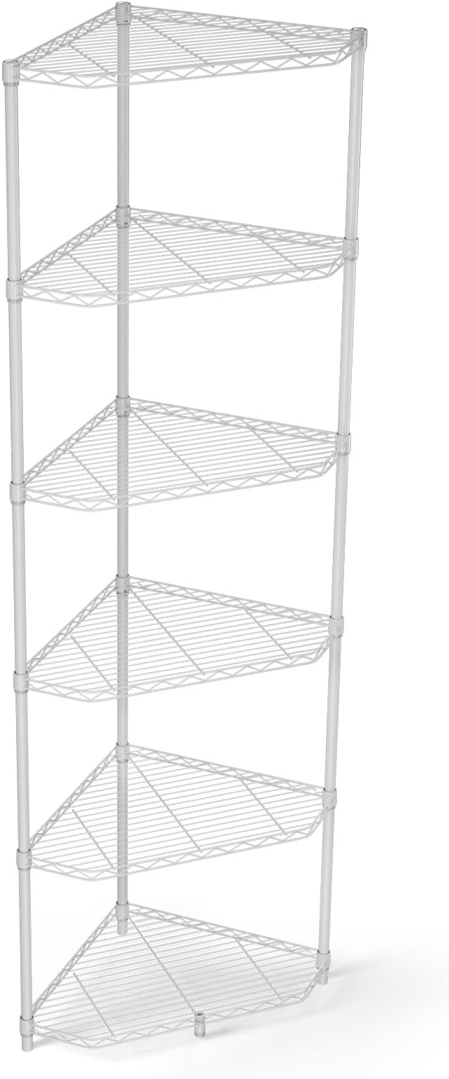 White 6 Tier NSF Metal Pentagonal Corner Wire Shelving Units, 600lbs Storage Rack with Feet for Kitchen, Utility Room, Warehouse, 72" H x 20" L x 20" W