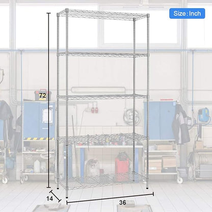 BestOffice | 5-Tier Wire Storage Shelves | 36x14x72 | Chrome | with Adjustable Racks | Heavy-Duty Metal Shelf, Holds Upto 1000 lbs | No-Tool Assembly | Ideal for Home & Garage Shelving