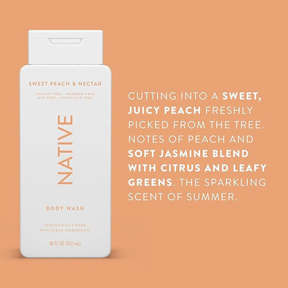 Native Body Wash Contains Naturally Derived Ingredients | For Women & Men, Sulfate, Paraben, & Dye Free Leaving Skin Soft and Hydrating | Sweet Peach & Nectar 18 oz - 2 Pk