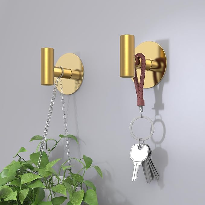 Gold Stainless Steel Wall Hooks, Heavy Duty Self-Adhesive Hooks for Coats, Towels, Robes, Hats, Aprons – No Drill Bathroom, Kitchen, Hotel (2 Pack)